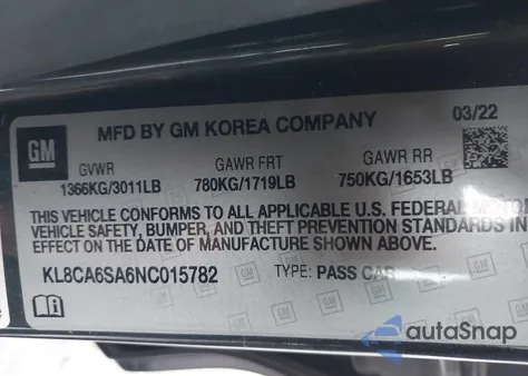 2022 Chevrolet Spark Fwd Ls Manual из США, поврежденный, VIN KL8CA6SA6NC015782